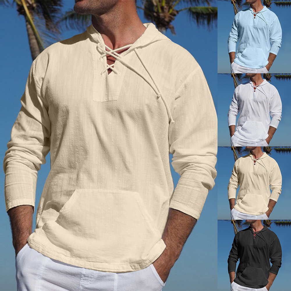 Lightweight Casual Mens Pullover - Laceup V Neck, Linen - Tophatter Daily Deals