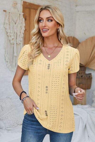 Decorative Button Eyelet V-Neck Short Sleeve T-Shirt Pastel Yellow Women's T-Shirts - Tophatter Daily Deals