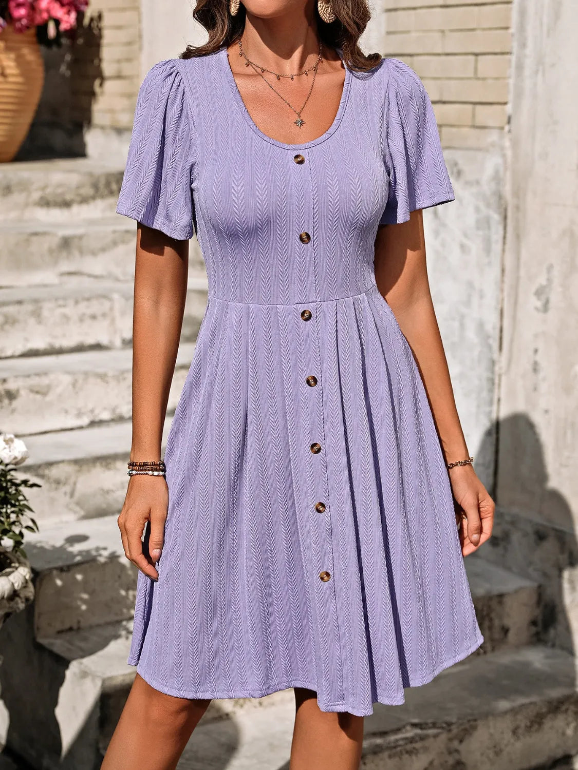 Decorative Button Scoop Neck Short Sleeve Dress Lavender Casual Dresses - Tophatter Daily Deals