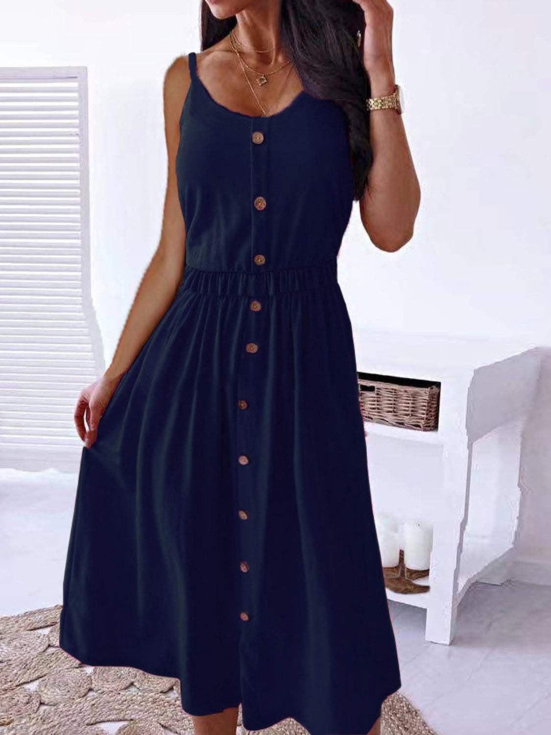 Decorative Button Spaghetti Strap Dress Navy Casual Dresses - Tophatter Daily Deals