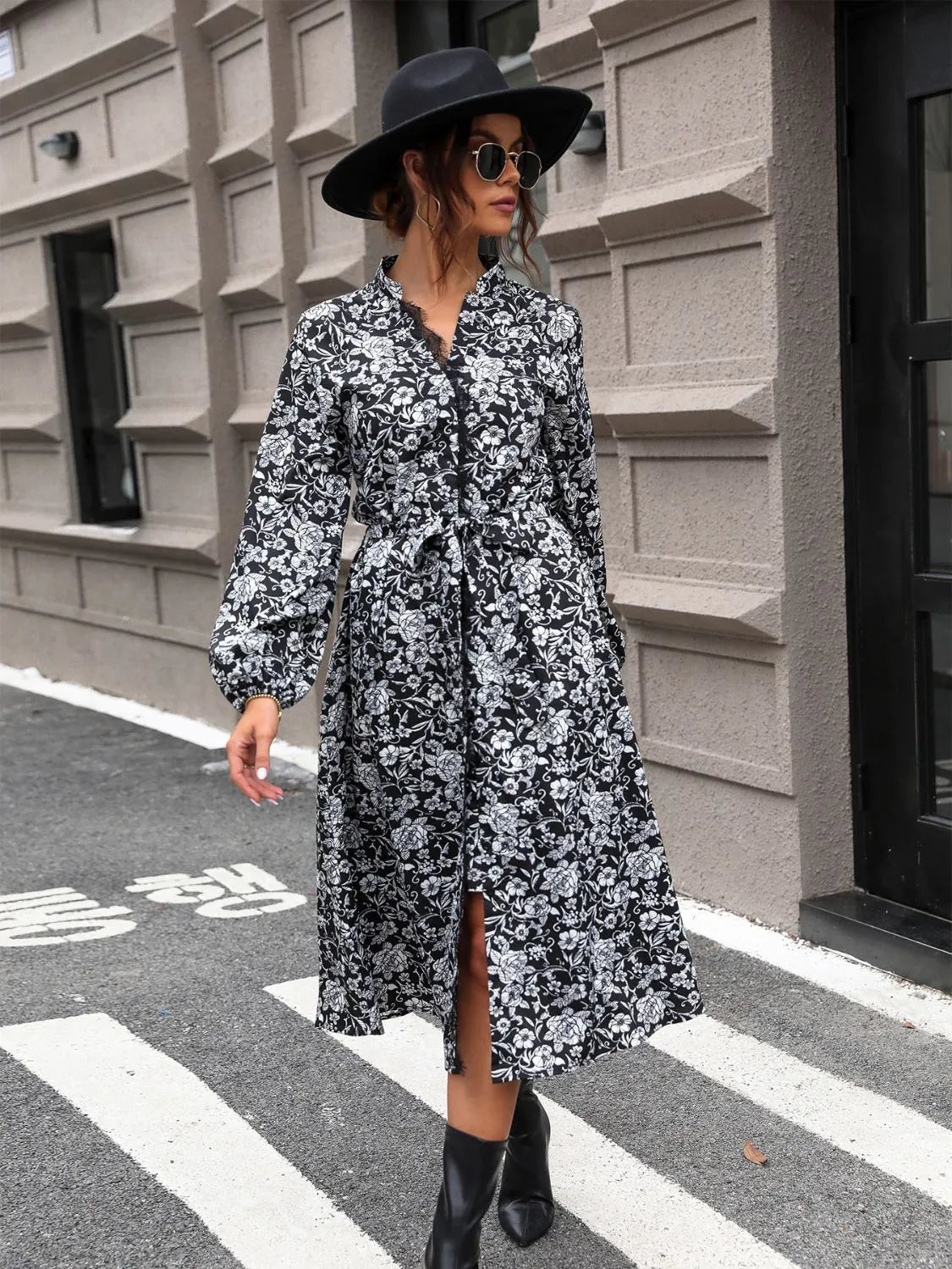 Lace Detail Printed Long Sleeve Midi Dress Casual Dresses - Tophatter Daily Deals