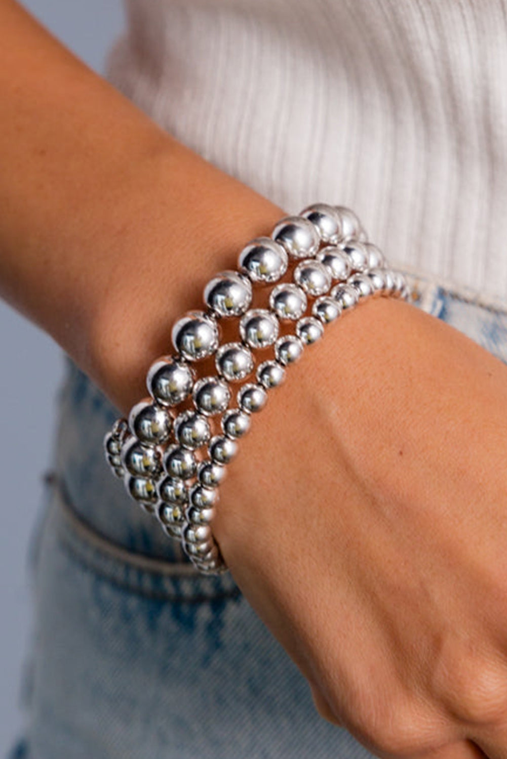 Silvery 3pcs 4/6/8mm Bead Bracelet Set Silvery ONE SIZE Alloy Bracelets - Tophatter Daily Deals