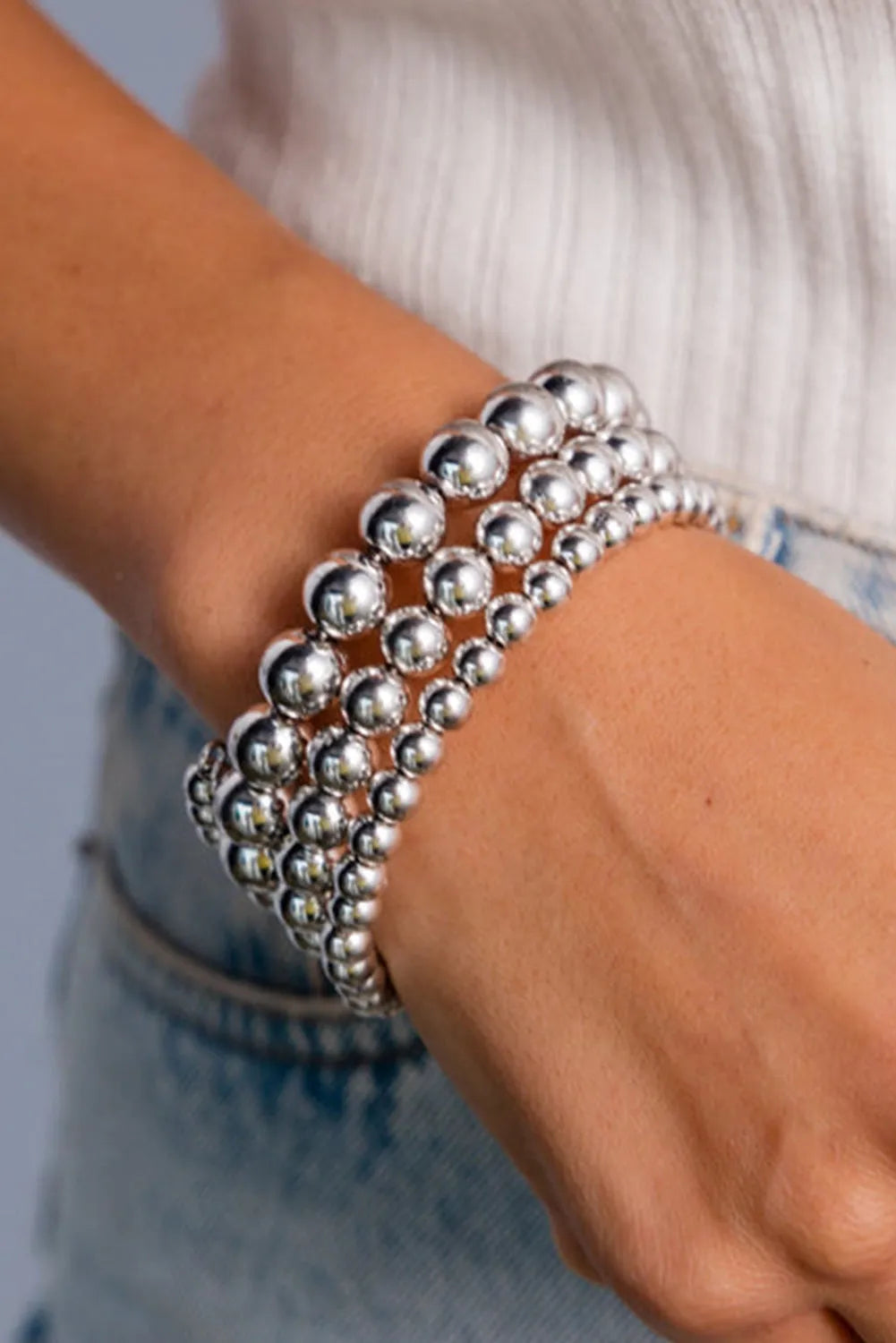 Silvery 3pcs 4/6/8mm Bead Bracelet Set Silvery ONE SIZE Alloy Bracelets - Tophatter Daily Deals