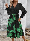 Tied Ruffled Printed Long Sleeve Dress Dark Green Casual Dresses - Tophatter Daily Deals