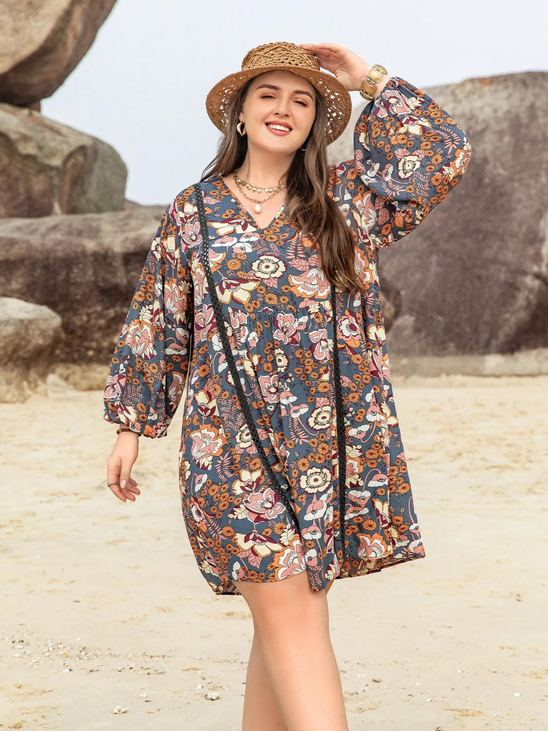 Plus Size Printed V-Neck Balloon Sleeve Mini Dress Charcoal Casual Dresses - Tophatter Daily Deals