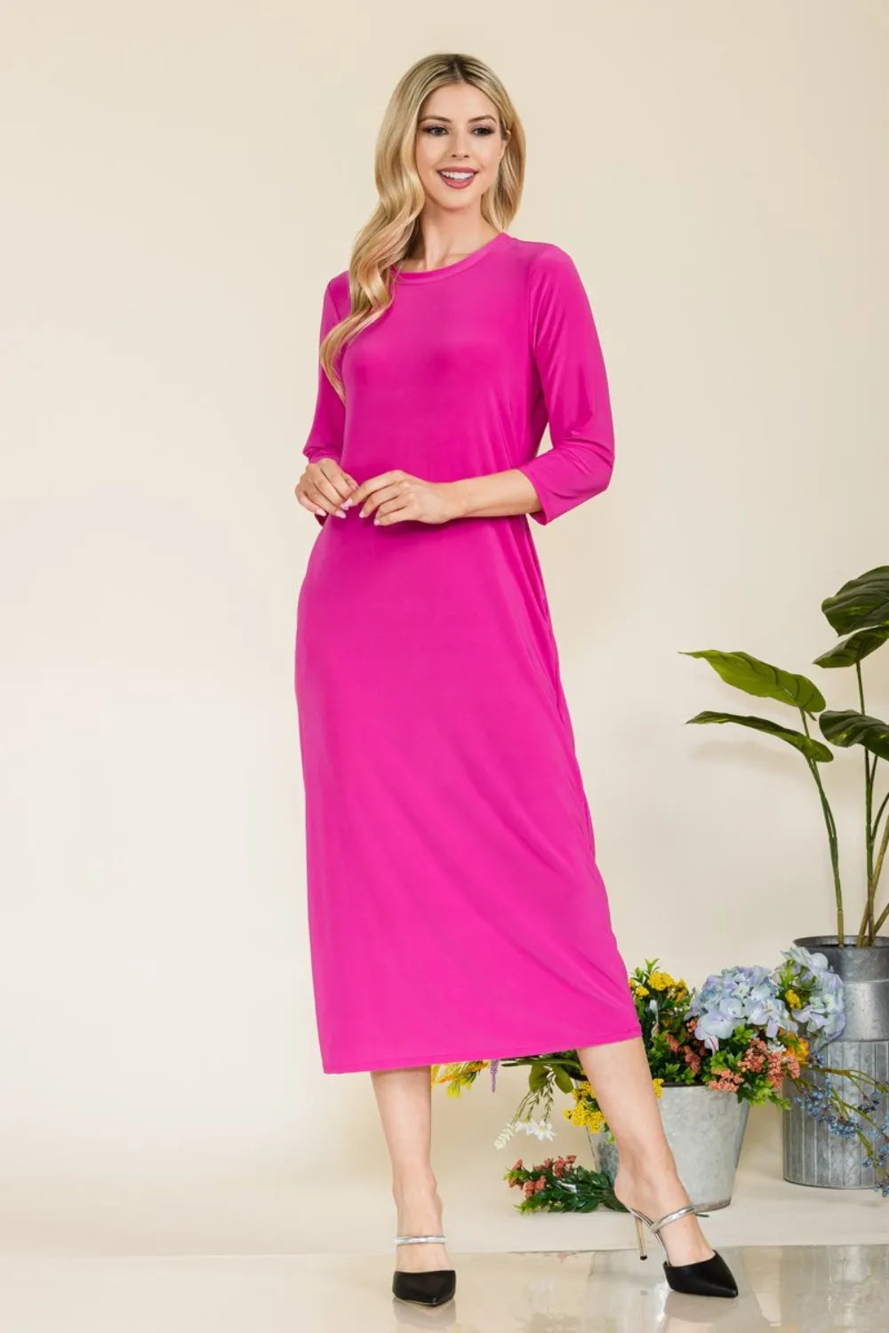 Celeste Full Size Round Neck Midi Dress FUCHSIA Casual Dresses - Tophatter Daily Deals