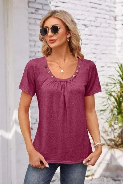 Decorative Button Scoop Neck T-Shirt Magenta Women's T-Shirts - Tophatter Daily Deals