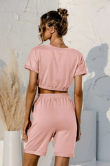 Short Sleeve Cropped Top and Drawstring Shorts Lounge Set Loungewear Sets - Tophatter Daily Deals