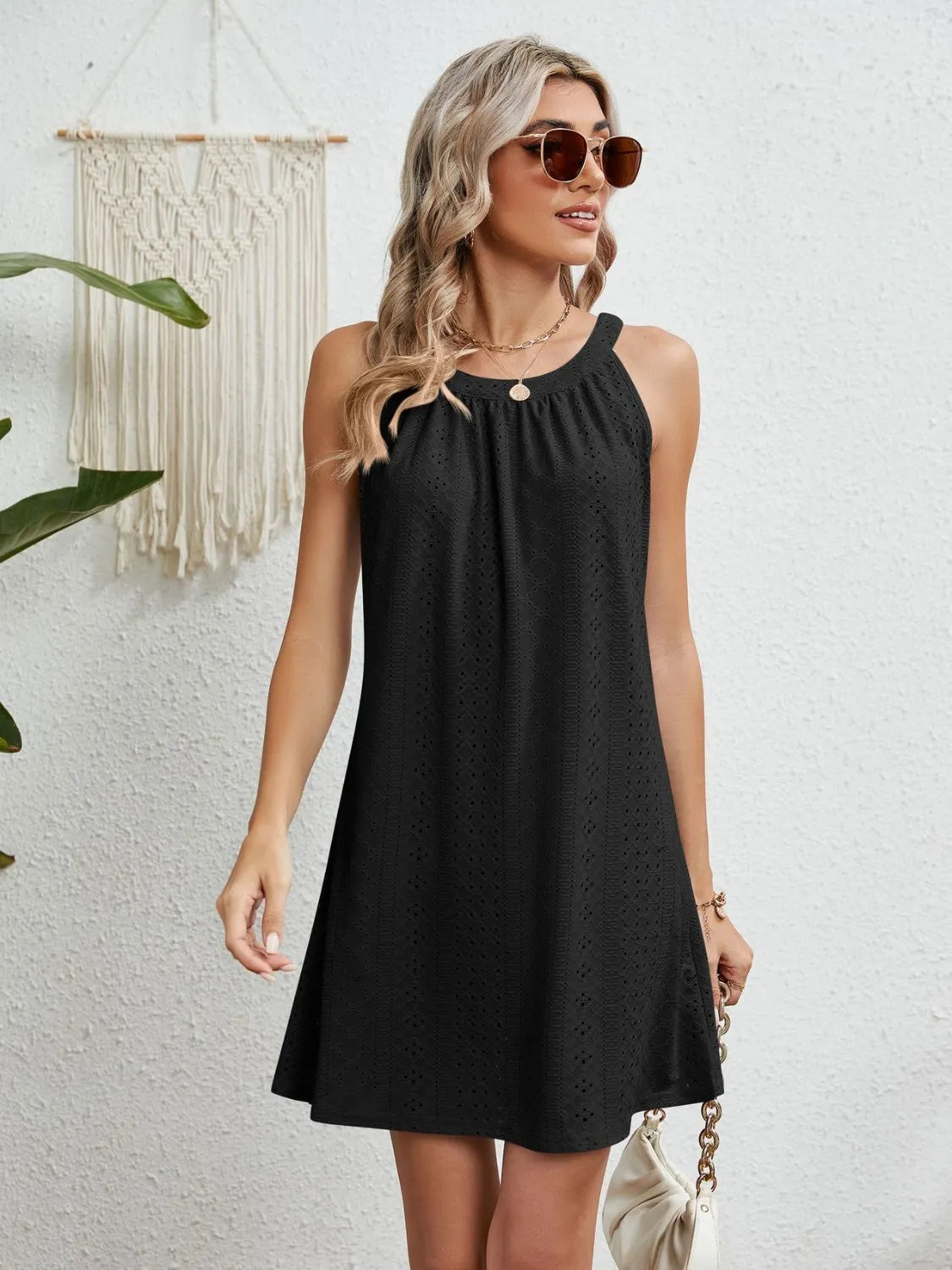 Eyelet Grecian Neck Mini Dress Black Casual Dresses - Tophatter Daily Deals