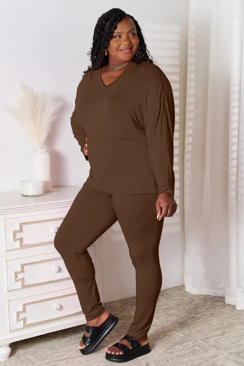 Basic Bae Full Size V-Neck Soft Rayon Long Sleeve Top and Pants Lounge Set Loungewear Sets - Tophatter Daily Deals