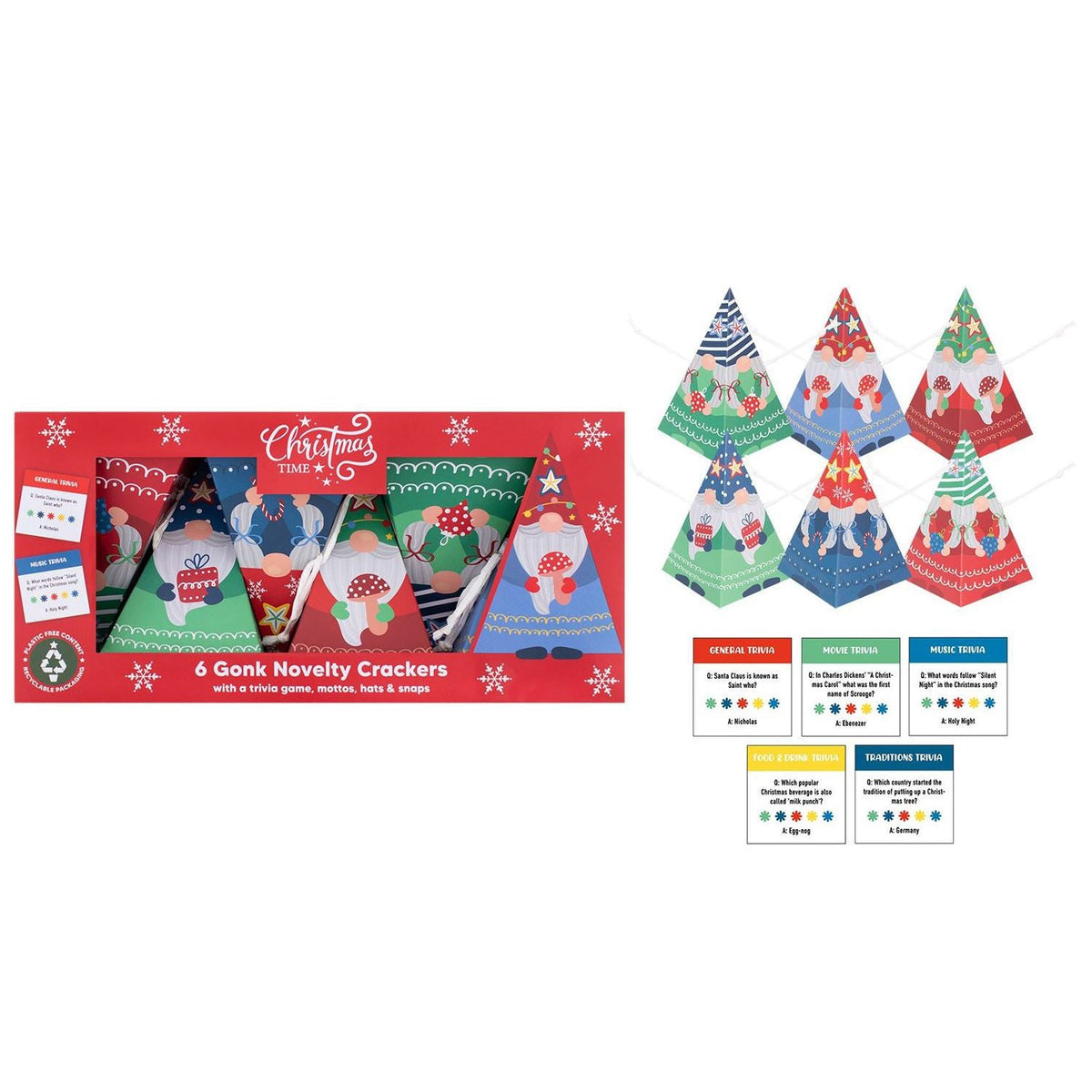 Gonk Pyramid Christmas Crackers | Set of 6 Novelty Family Crackers & Trivia Game Christmas Cracker - Tophatter Daily Deals