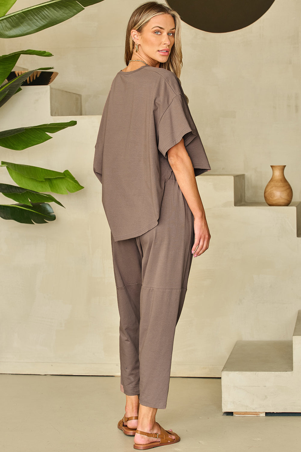 Simply Taupe High Low Boxy Fit Tee and Crop Pants Set Loungewear & Sleepwear/Loungewear - Tophatter Daily Deals