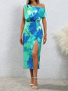 Slit Printed Single Shoulder Dress Turquoise Casual Dresses - Tophatter Daily Deals