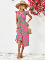 Printed V-Neck Cap Sleeve Dress Casual Dresses - Tophatter Daily Deals