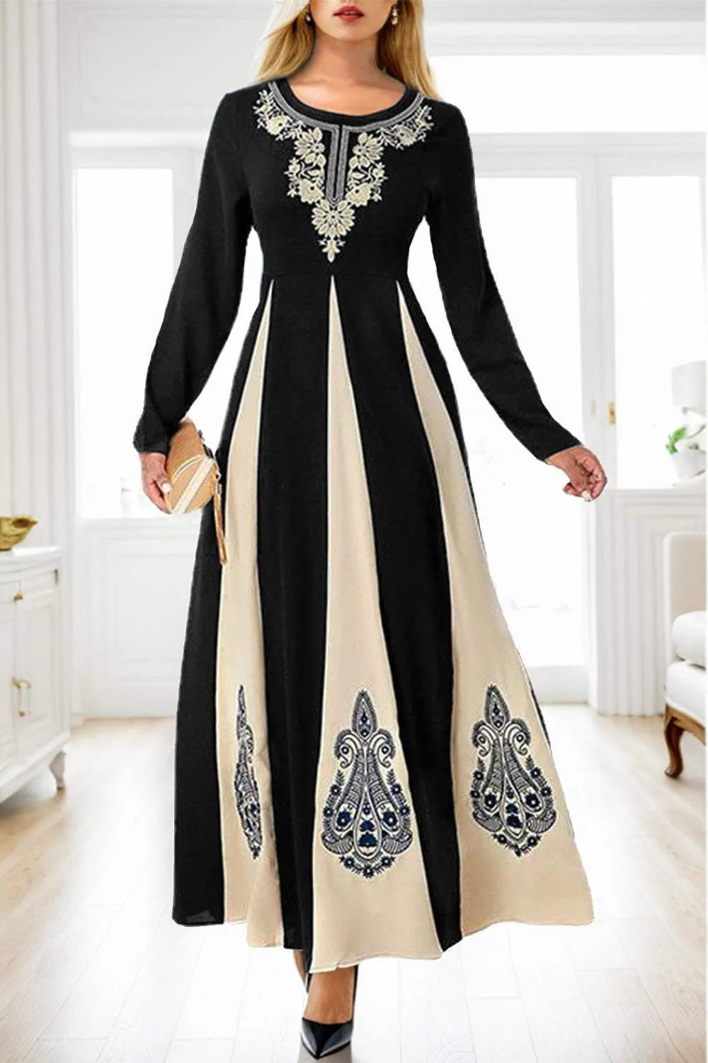 Printed Round Neck Long Sleeve Maxi Dress Black Casual Dresses - Tophatter Daily Deals