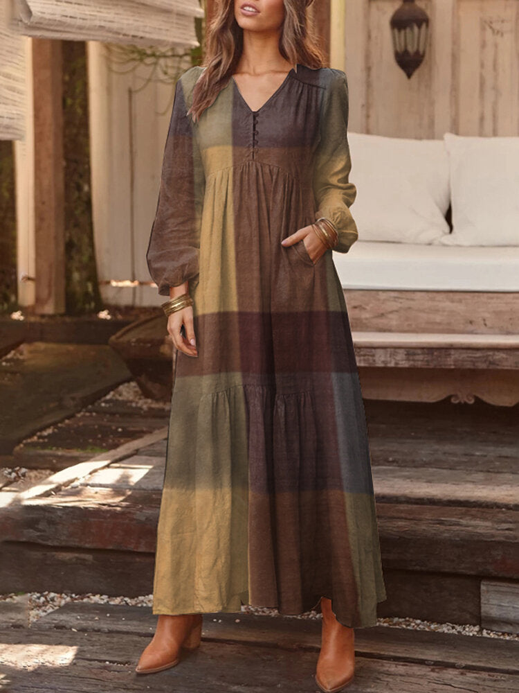 Casual Plaid Notch Neck Long Sleeve Vintage Pocket Women Maxi Dress Yellow Maxi Dresses - Tophatter Daily Deals