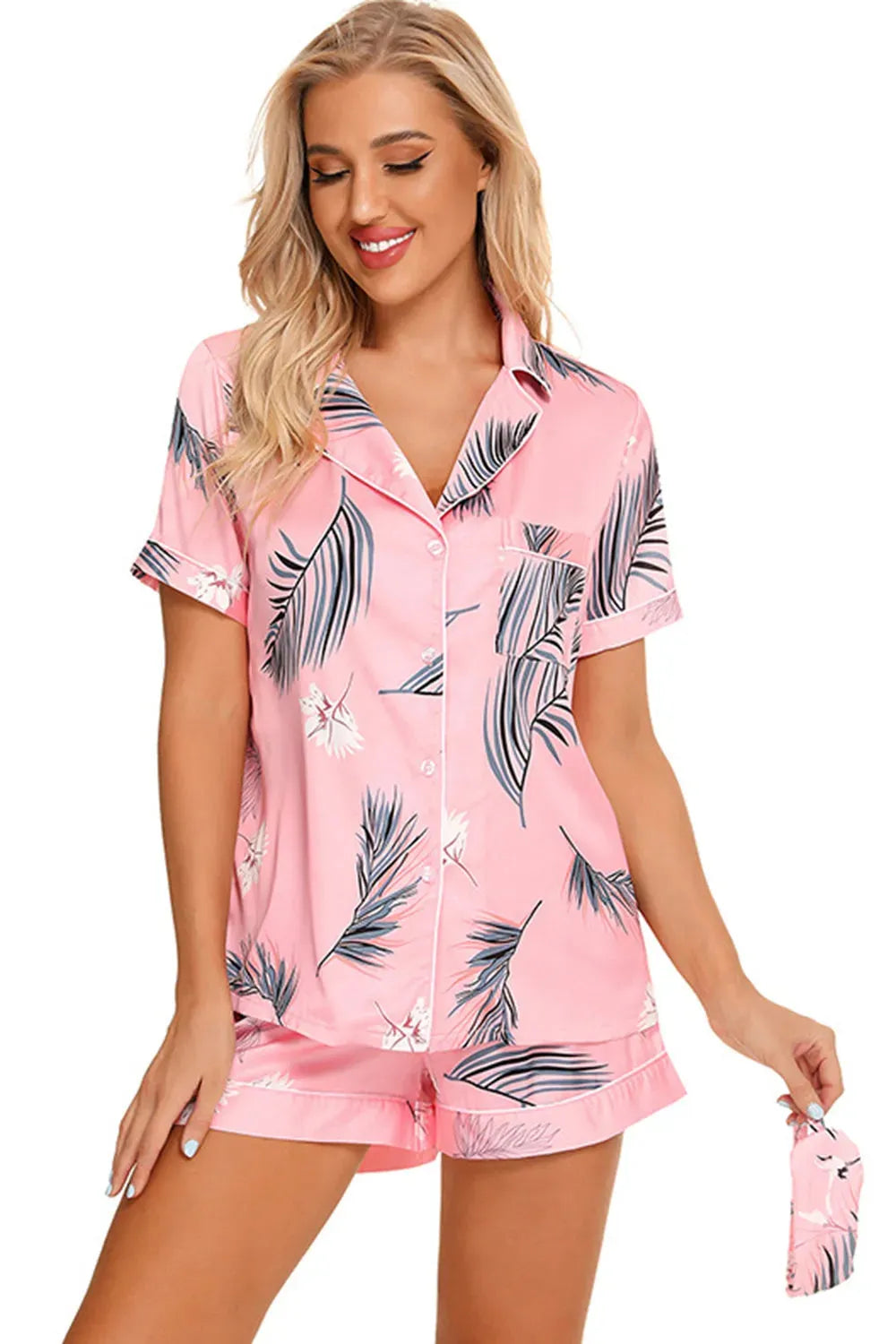 Printed Button Up Short Sleeve Top and Shorts Lounge Set Loungewear Sets - Tophatter Daily Deals
