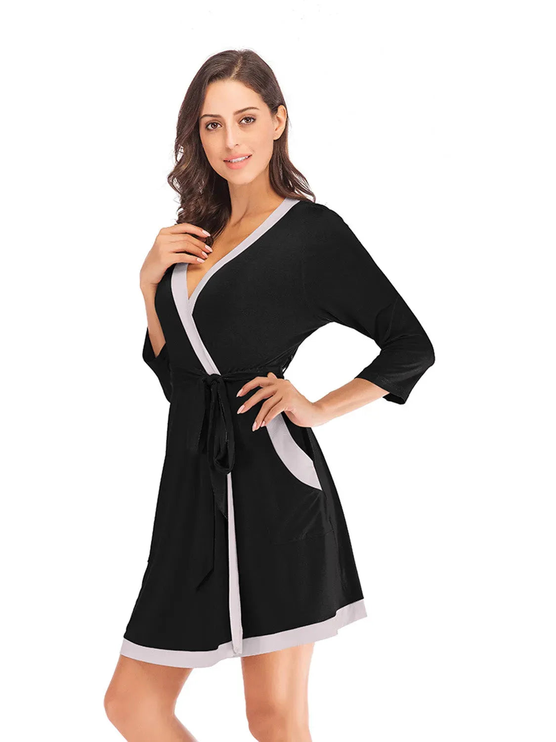 Tie Waist Surplice Neck Robe with Pockets Sleep Dresses - Tophatter Daily Deals