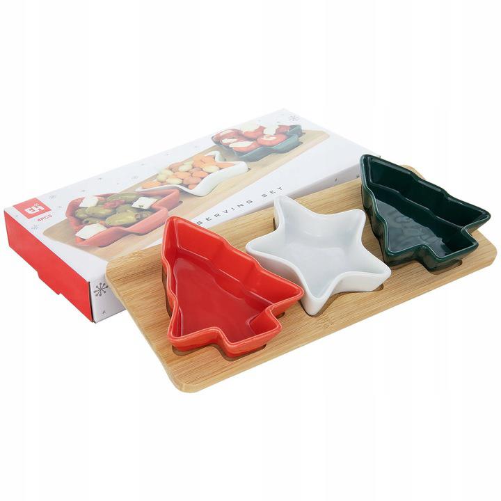 Christmas Serving Set | 3 Ceramic Snack Bowls with Bamboo Paddle Tray Serving Board - Tophatter Daily Deals