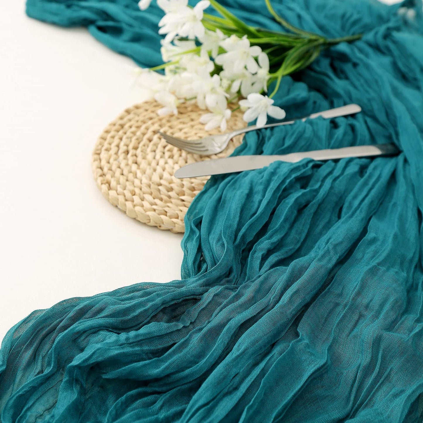 Balinese Crinkle Table Flag Boho Twist Tablecloth Peacock blue 0 - Tophatter Daily Deals