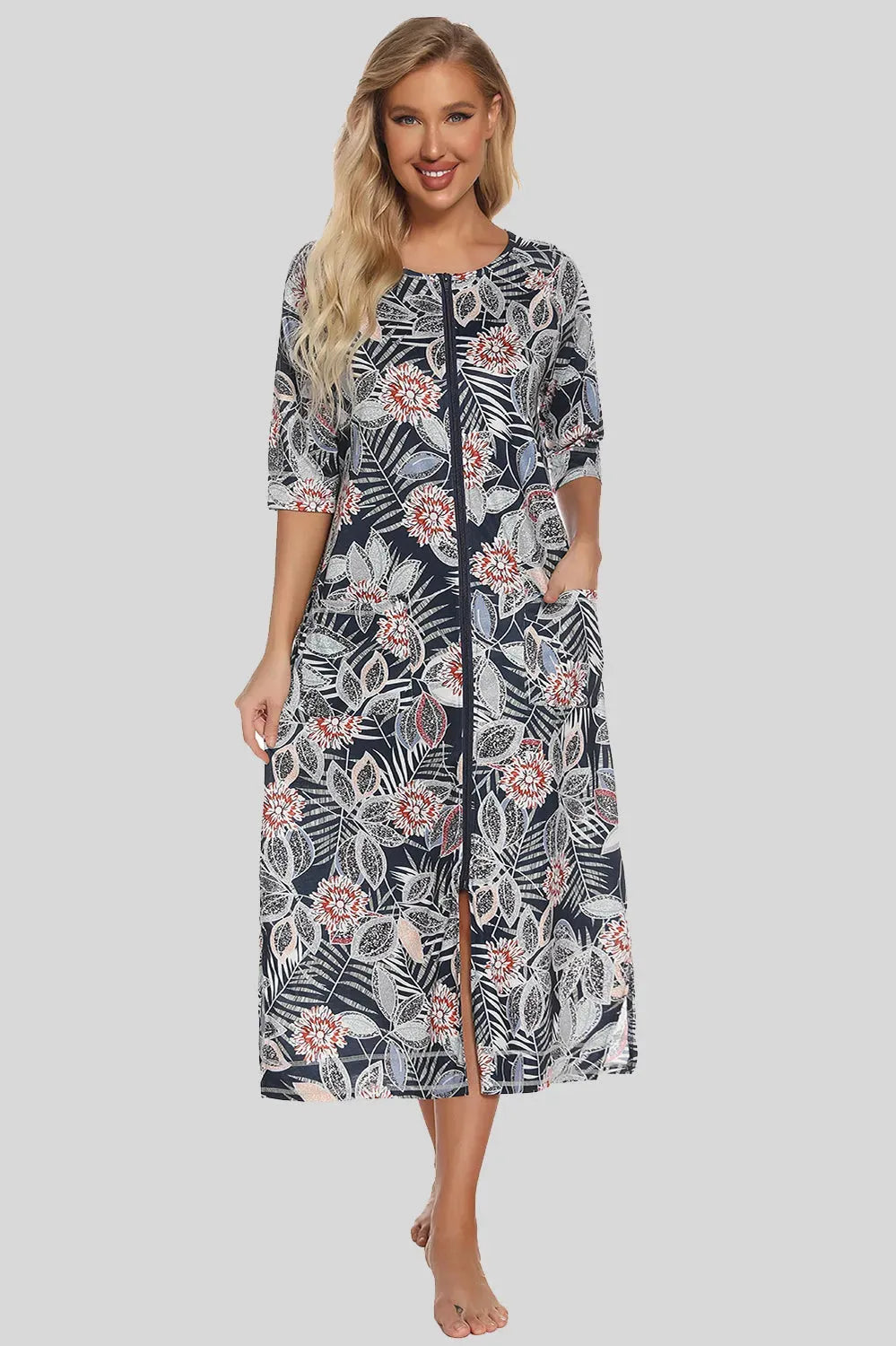 Printed Slit Night Dress with Pockets Black Sleep Dresses - Tophatter Daily Deals