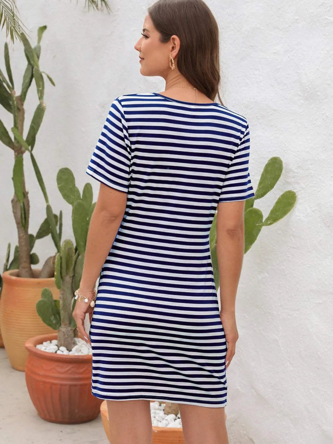 Cutout Striped Round Neck Short Sleeve Dress Casual Dresses - Tophatter Daily Deals