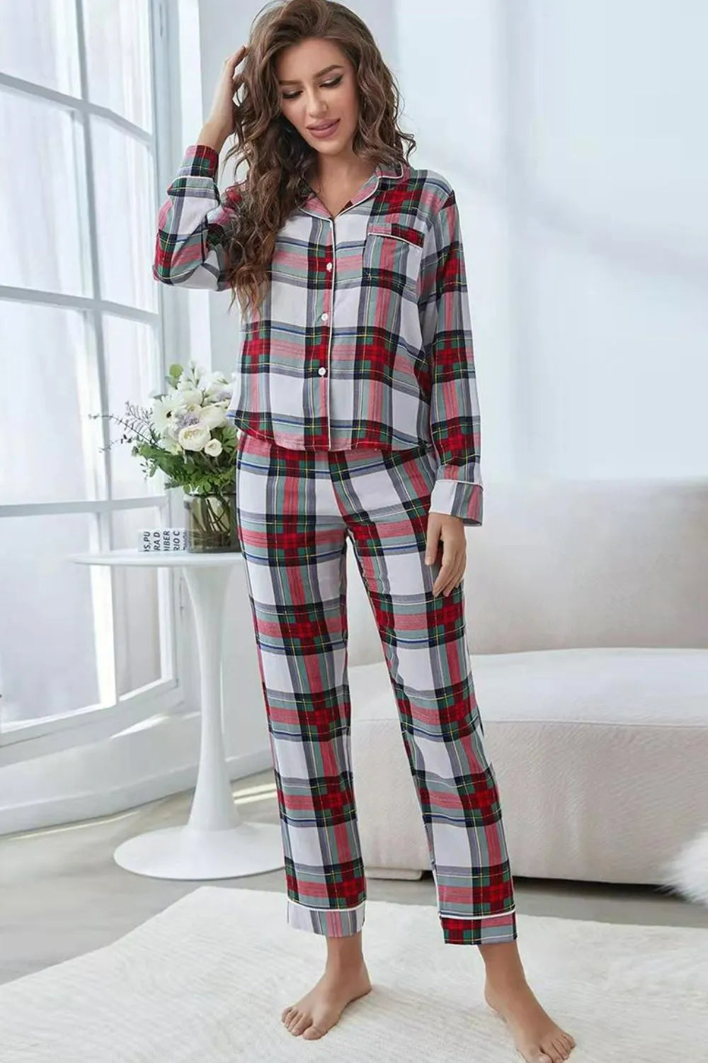 Plaid Button Front Top and Pants Lounge Set Loungewear Sets - Tophatter Daily Deals