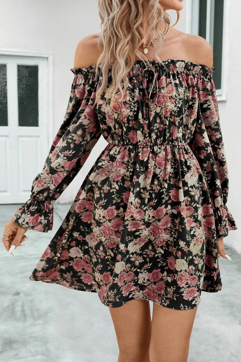 Floral Off-Shoulder Flounce Sleeve Dress Black Casual Dresses - Tophatter Daily Deals