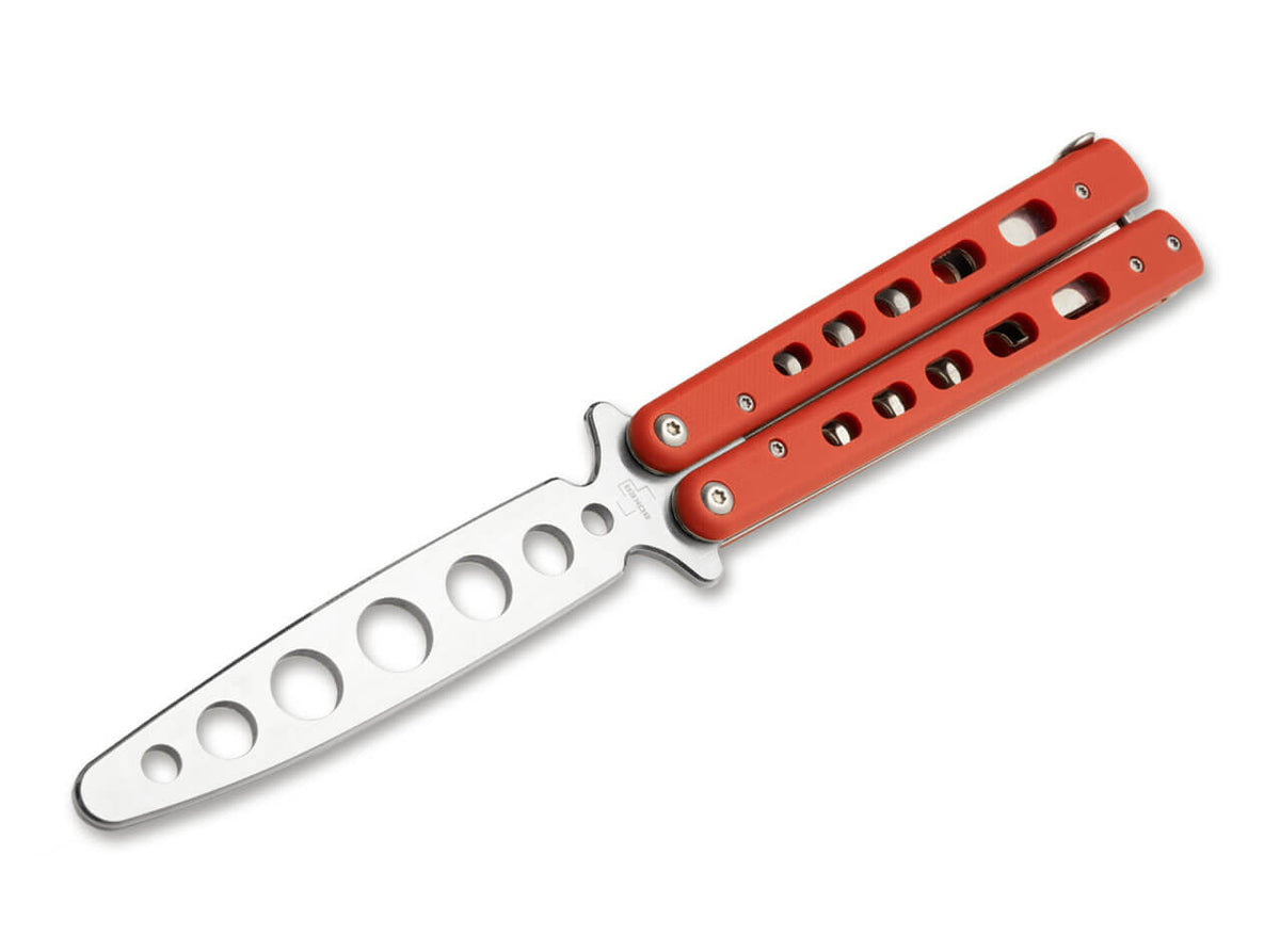 Boker Plus - Balisong Trainer Butterfly Knife - 4" Satin Unsharpened Blade - Red G10 Handles - 01BO712 Butterfly Knives - Tophatter Daily Deals