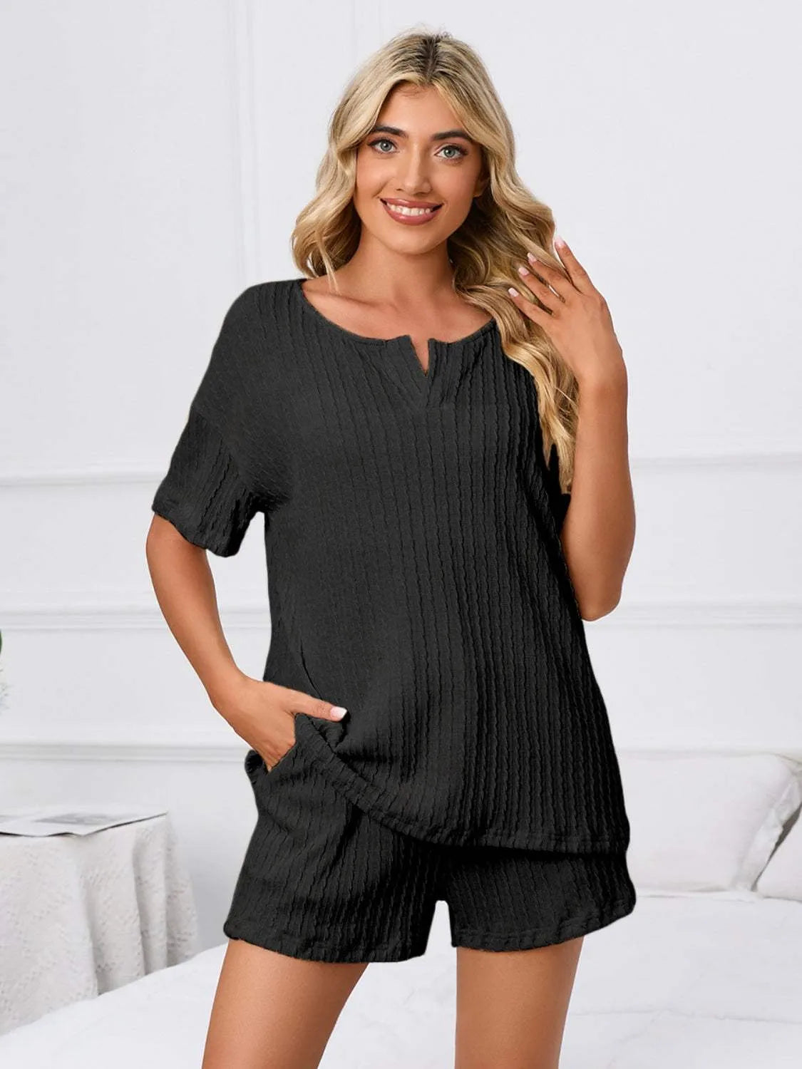 Notched Short Sleeve and Shorts Lounge Set Loungewear Sets - Tophatter Daily Deals