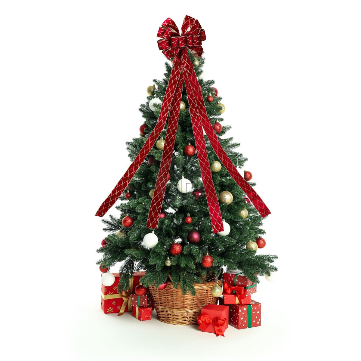 Red Velveteen Tree Top Bow with Long Streamer | Fabric Christmas Tree Topper Tree Decoration - Tophatter Daily Deals
