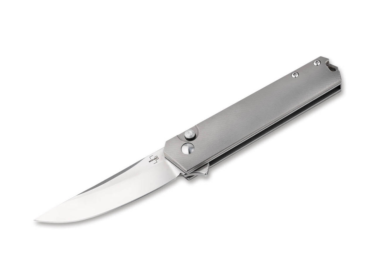 Boker Plus Kwaiken Push Button Flipper - CPM-S35VN - Textured Titanium Handle - 01BO619 Knives - Tophatter Daily Deals