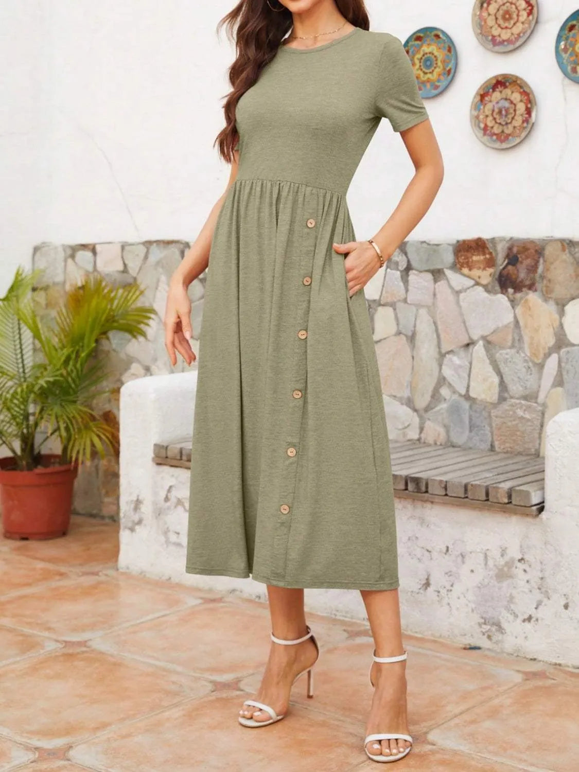 Round Neck Short Sleeve Midi Dress Casual Dresses - Tophatter Daily Deals