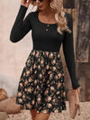 Decorative Button Printed Long Sleeve Mini Dress Black Casual Dresses - Tophatter Daily Deals