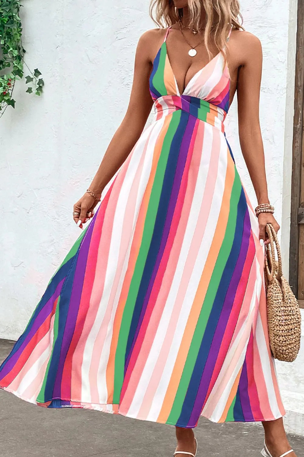 Multicolored Stripe Crisscross Backless Dress Casual Dresses - Tophatter Daily Deals