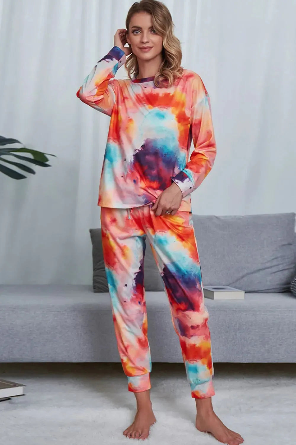 Tie-Dye Crewneck Top and Drawstring Waist Joggers Lounge Set Orange Loungewear Sets - Tophatter Daily Deals