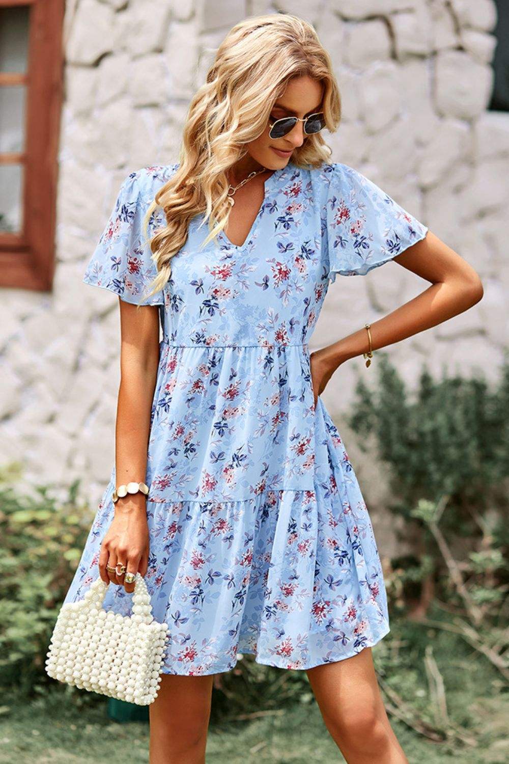 Floral Notched Flutter Sleeve Mini Dress Pastel Blue Casual Dresses - Tophatter Daily Deals