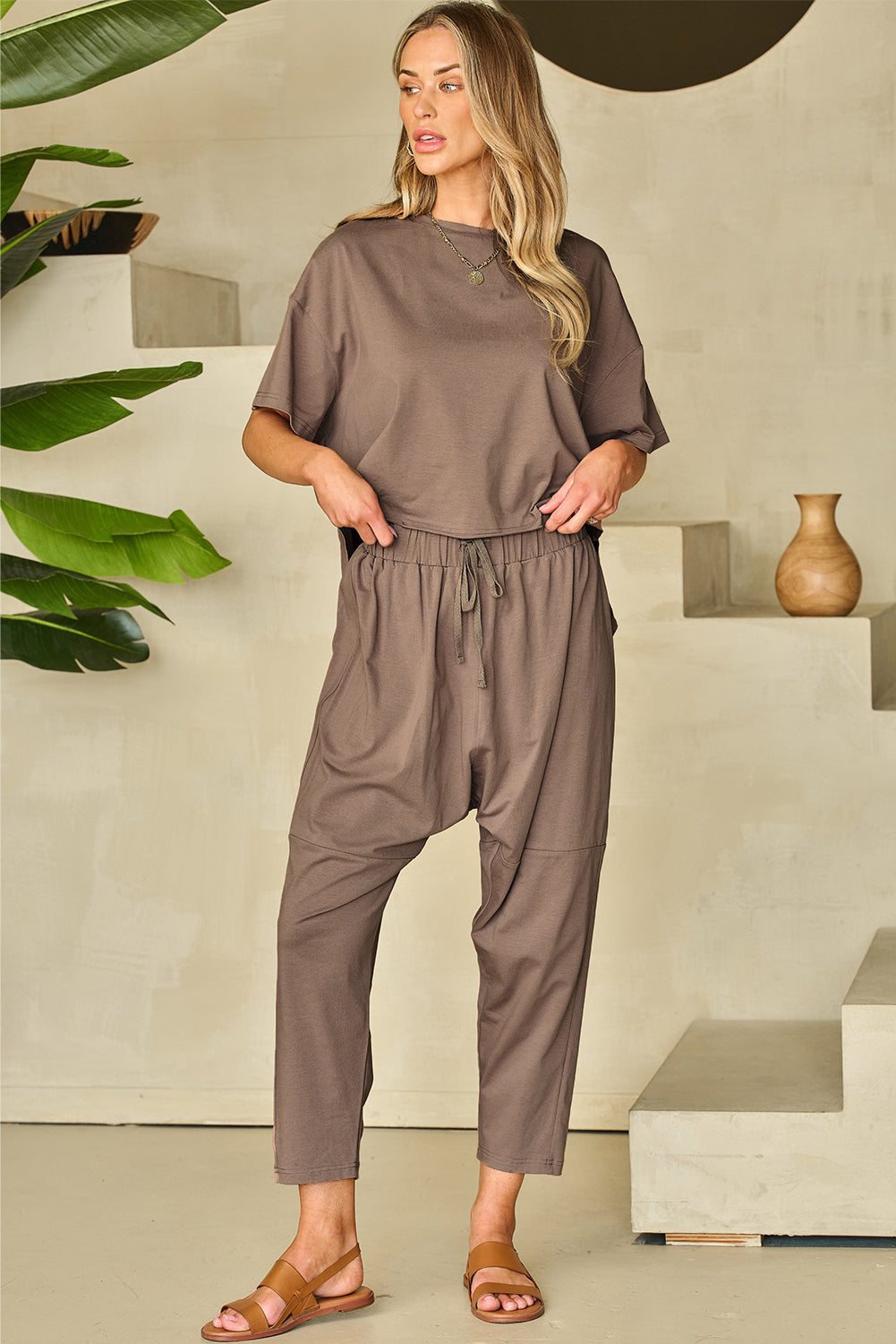 Simply Taupe High Low Boxy Fit Tee and Crop Pants Set Loungewear & Sleepwear/Loungewear - Tophatter Daily Deals