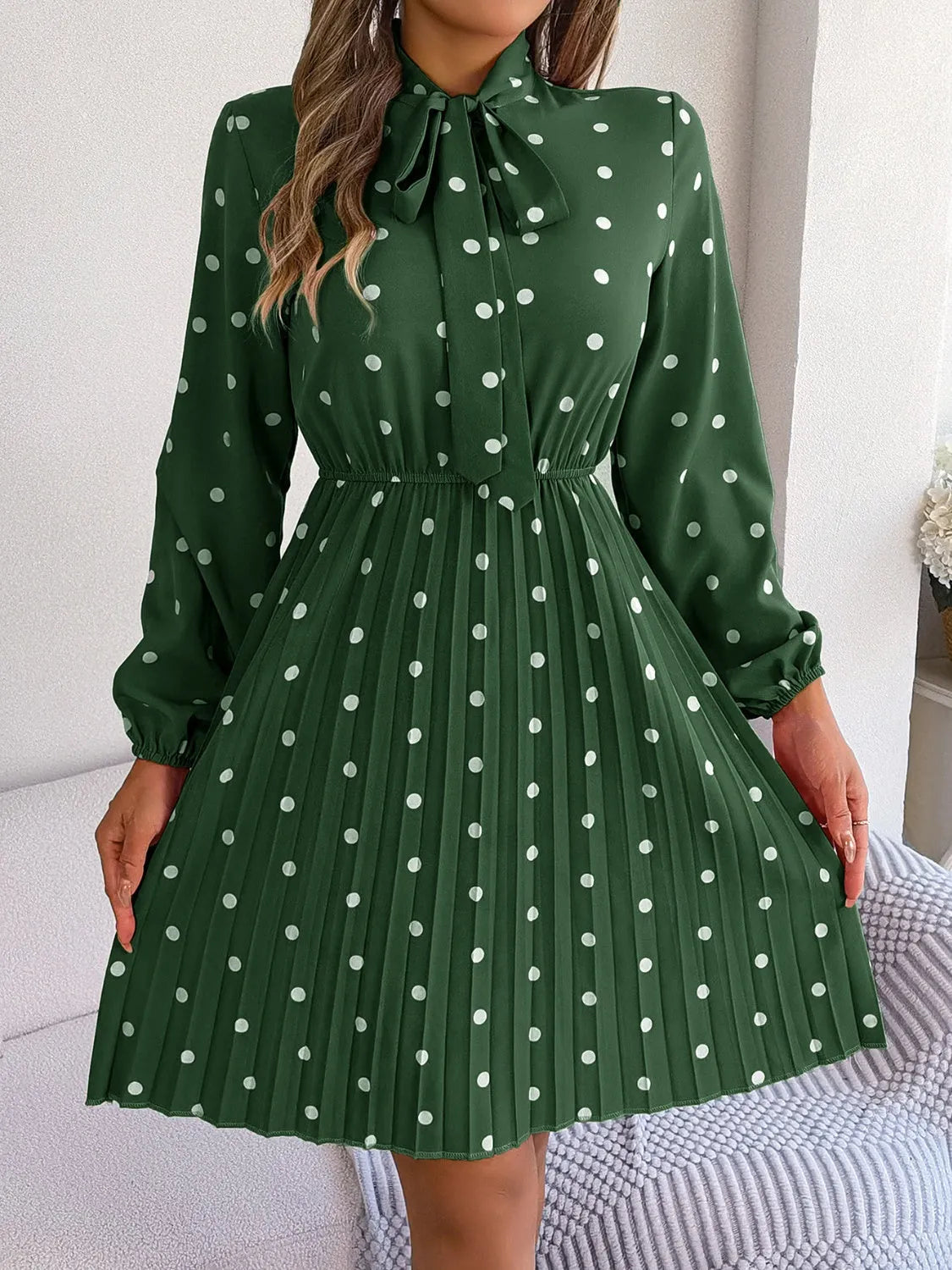 Polka Dot Tie Neck Pleated Dress Casual Dresses - Tophatter Daily Deals