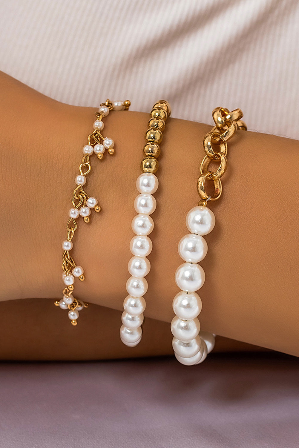 Gold 3pcs Pearl Pleated Alloy Beaded Bracelet Set Bracelets - Tophatter Daily Deals