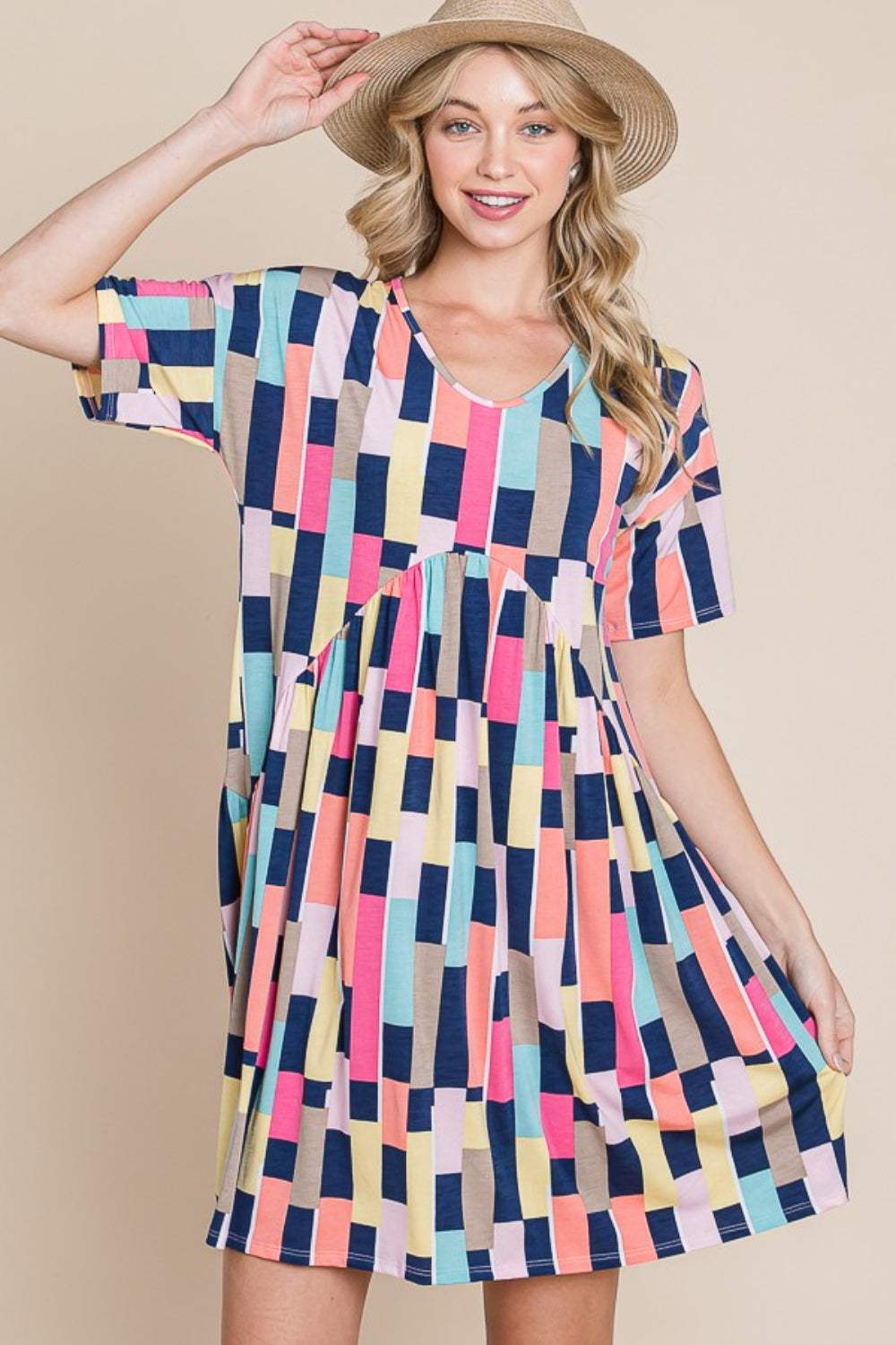 BOMBOM Ruched Color Block Short Sleeve Mini Dress Casual Dresses - Tophatter Daily Deals