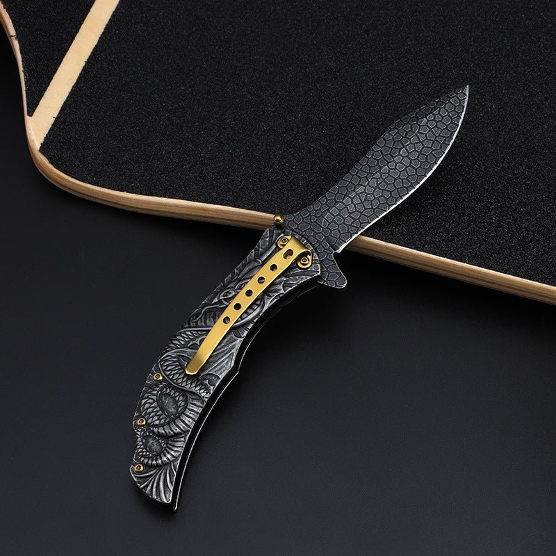 Dragon Embossed Handle Folding Knife Outdoor Camping Hunting Pocket EDC Tools - Tophatter Daily Deals