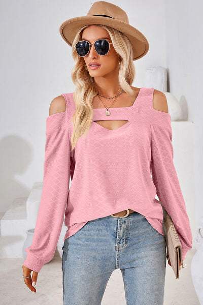 Cutout Square Neck Cold Shoulder T-Shirt Blush Pink Women's T-Shirts - Tophatter Daily Deals