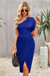 Ruched One-Shoulder Tulip Hem Dress Royal Blue Cocktail Dresses - Tophatter Daily Deals