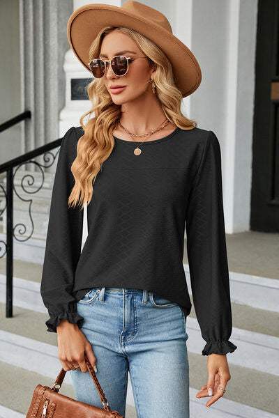 Round Neck Flounce Sleeve T-Shirt Black Women's T-Shirts - Tophatter Daily Deals