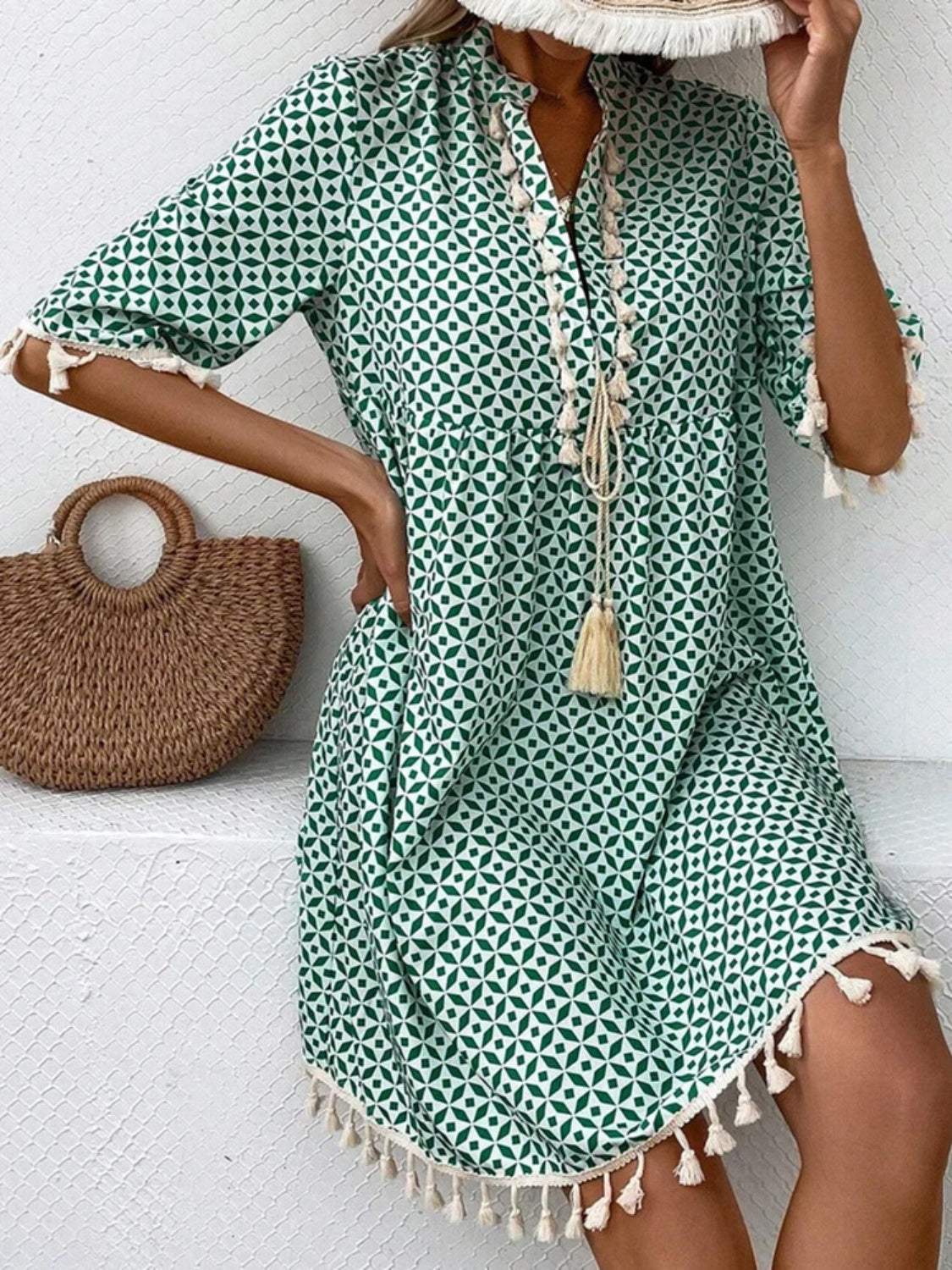 Tassel Printed Notched Half Sleeve Mini Dress Casual Dresses - Tophatter Daily Deals