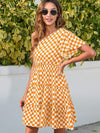 Checkered Single Shoulder Mini Dress Gold Casual Dresses - Tophatter Daily Deals