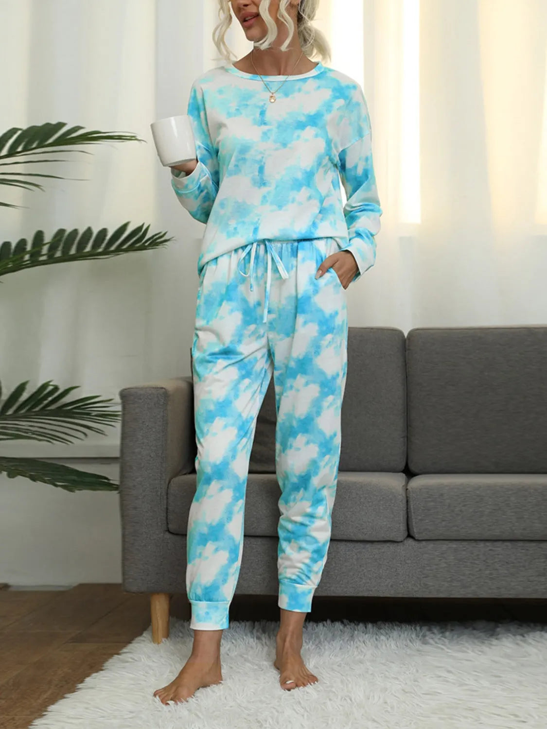 Tie-Dye Round Neck Top and Pants Lounge Set Loungewear Sets - Tophatter Daily Deals