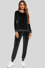Round Neck Long Sleeve Loungewear Set with Pockets Black Loungewear Sets - Tophatter Daily Deals