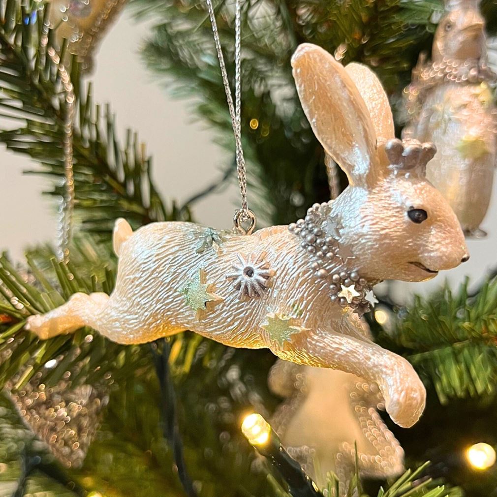 White Hare Christmas Tree Bauble | Resin Rabbit Christmas Tree Ornament - 10cm Baubles - Tophatter Daily Deals